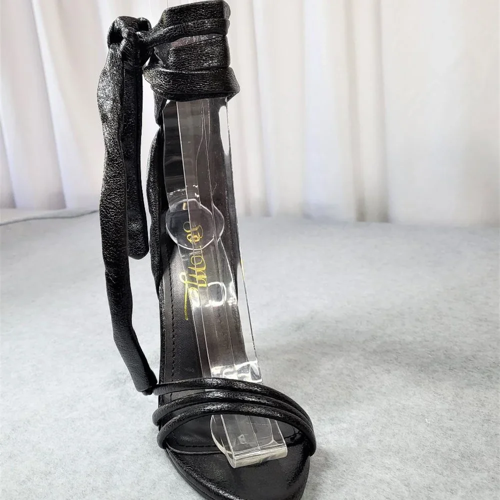 * So Me Black Metallic Tie Up Strappy High Heel Shoes